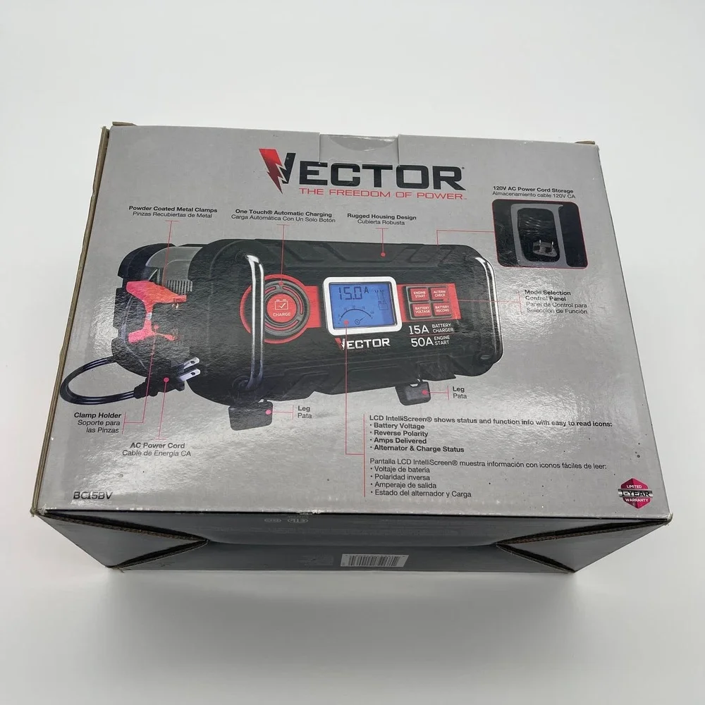 Vector BC15BV 15 Amp Automatic 12V Battery Charger & Maintainer with 50 Amp Engi